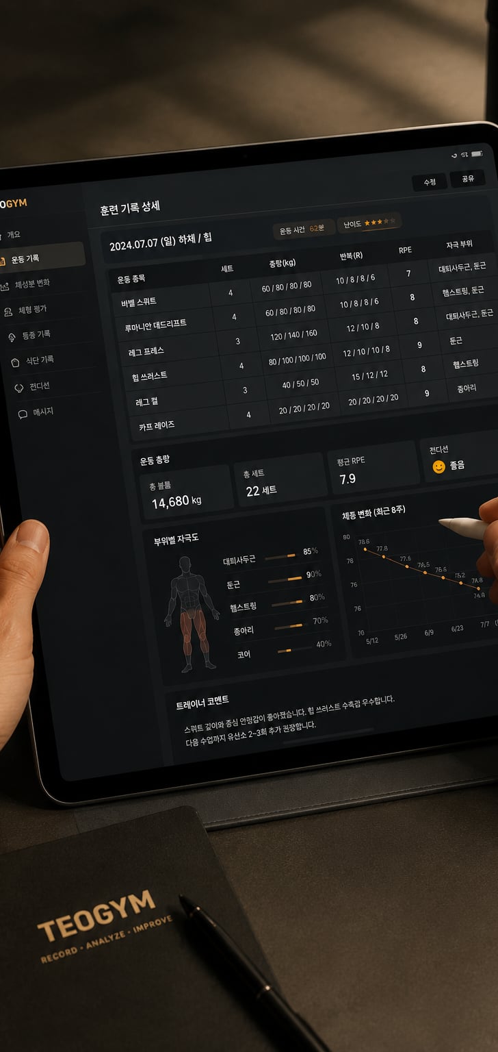 테오짐 회원 전용 앱 훈련 기록 상세 화면 - 종목별 세트, 중량, RPE, 부위별 자극도, 체중 변화 그래프와 트레이너 코멘트