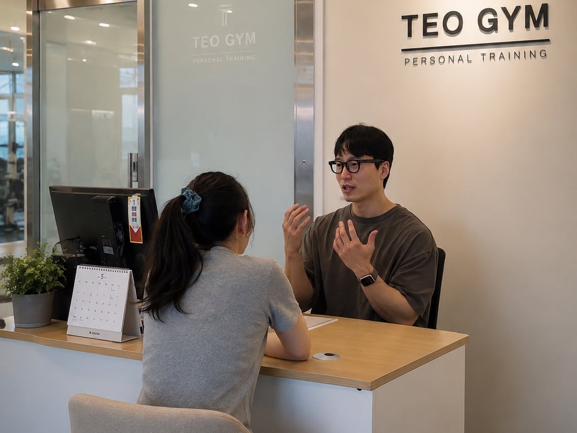 김태오 대표가 상담 데스크에서 회원과 1:1 상담을 진행하는 모습
